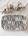 Indigenous art china rectangle plate with black and white gumleaves