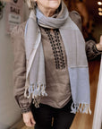 Fine Wool Scarf in Taupe, Cream and Skye Blue