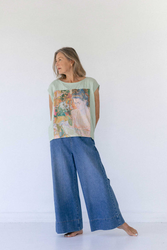 Women's wide leg blue denim pants (by Lazybones, an Australian ethical fashion brand)