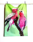 Cotton Tea Towel Indigenous Artist Print by Leah Anketell - Green Galahs