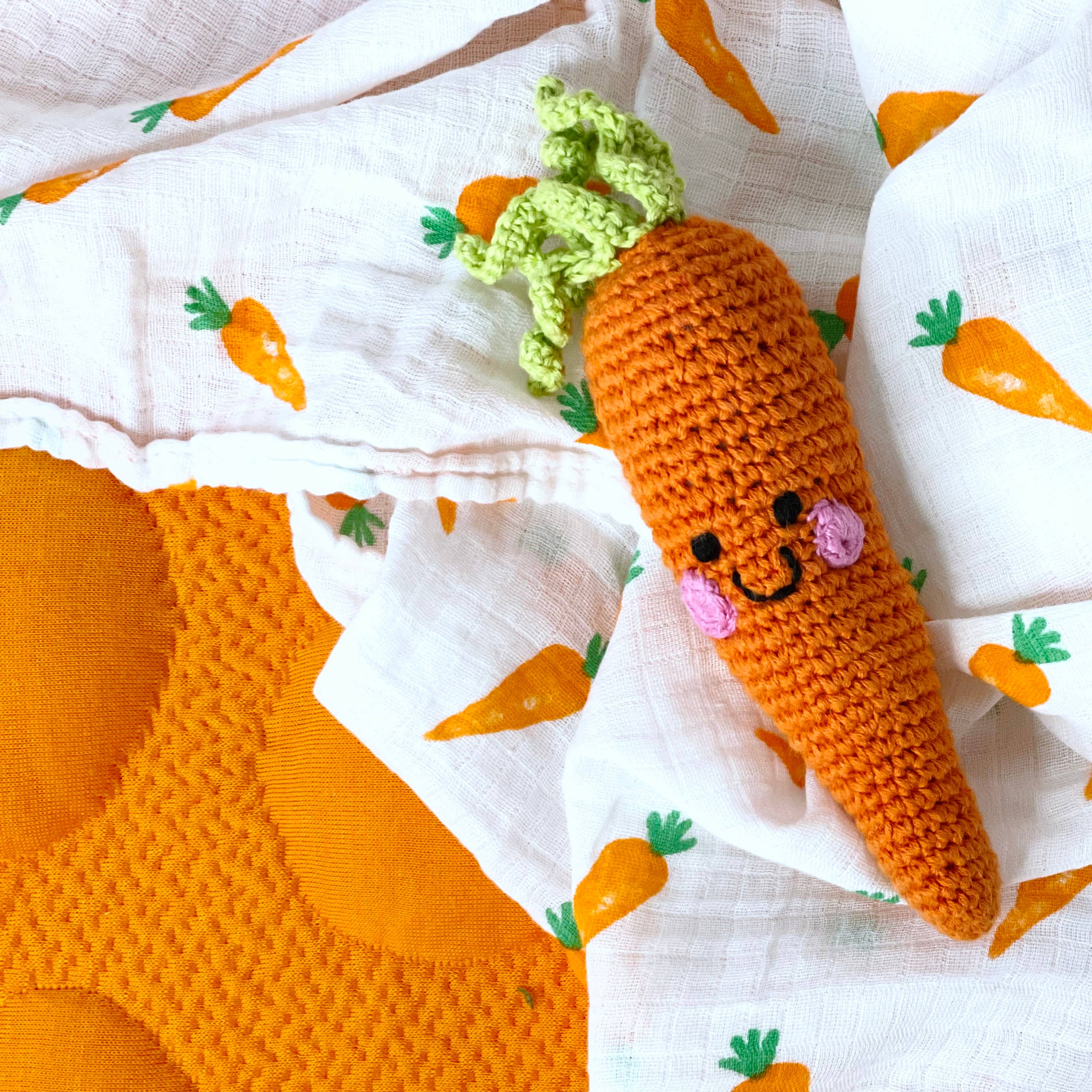 Handmade Springtime Baby Carrot Rattle – Organic Cotton Toy