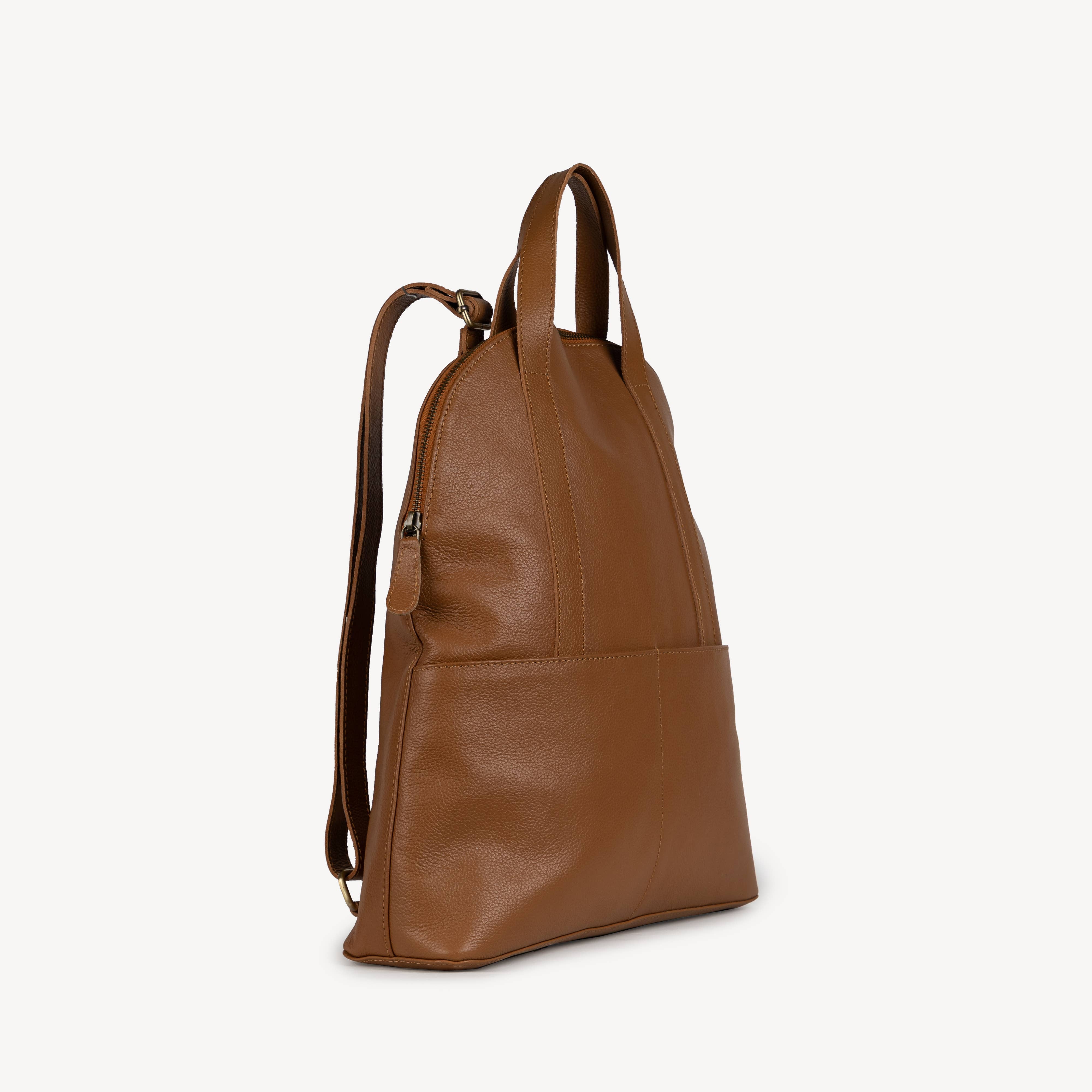 Pebbled Leather Halfmoon Backpack - Camel