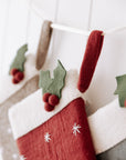 Christmas Stocking, Red  with Star and Holly Pattern.