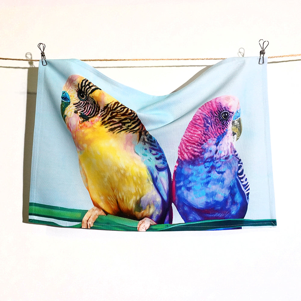Cotton Tea Towel Indigenous x Leah Anketell - Budgies