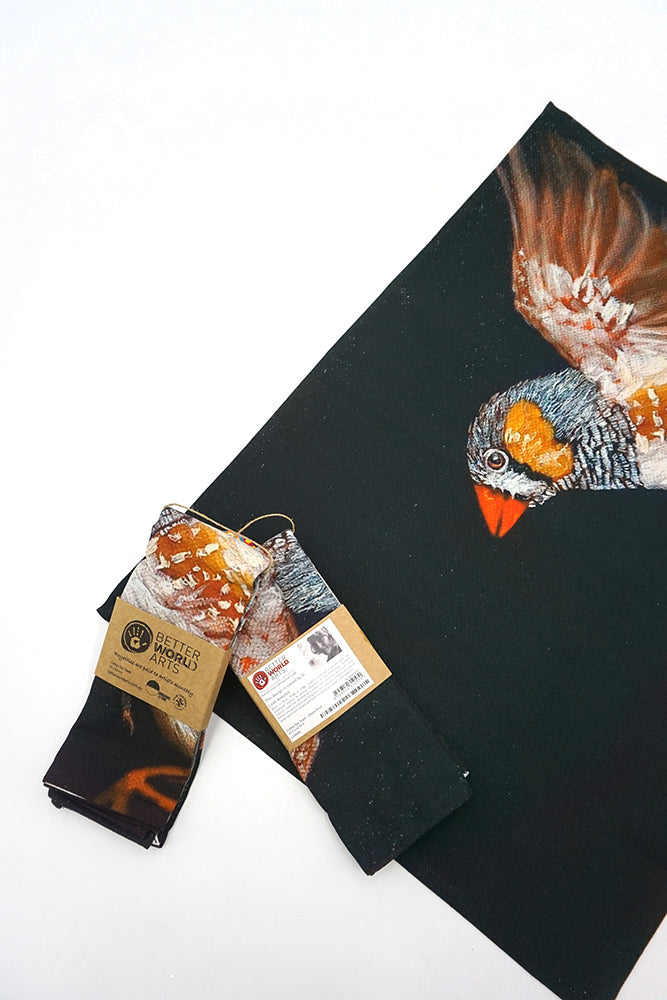 Cotton Tea Towel Indigenous x Leah Anketell - Zebra Finch
