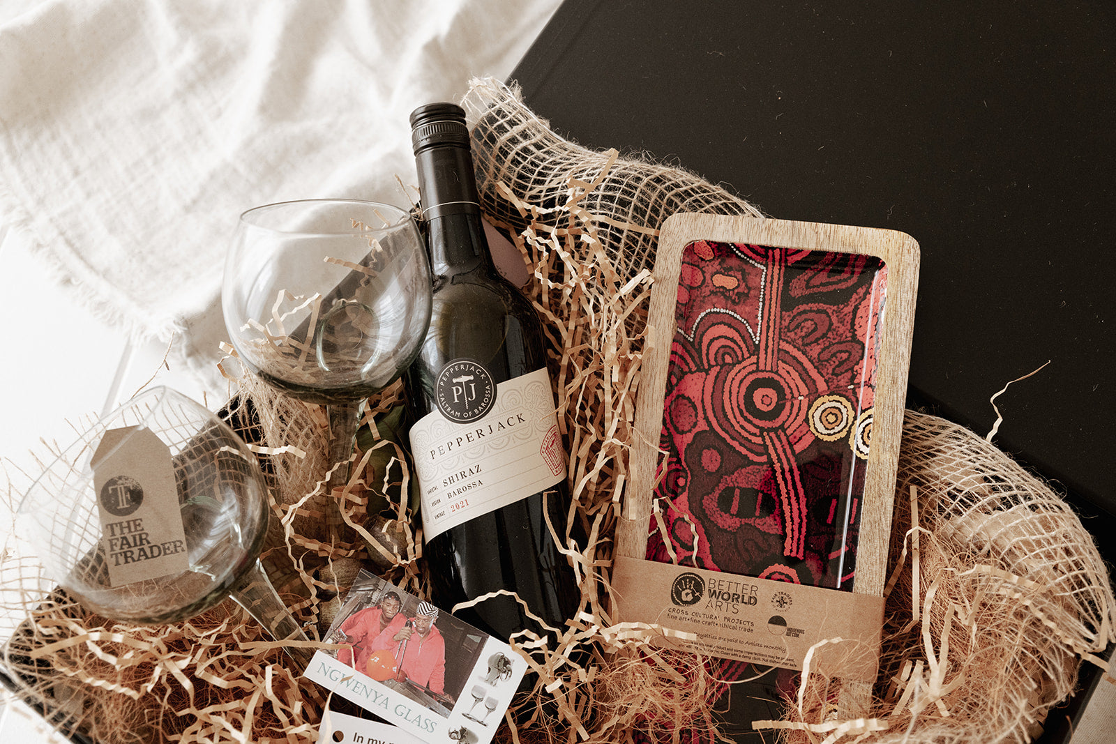 Australian wine, wine glasses, Indigenous art platter - Wine Time corporate hamper and gifts