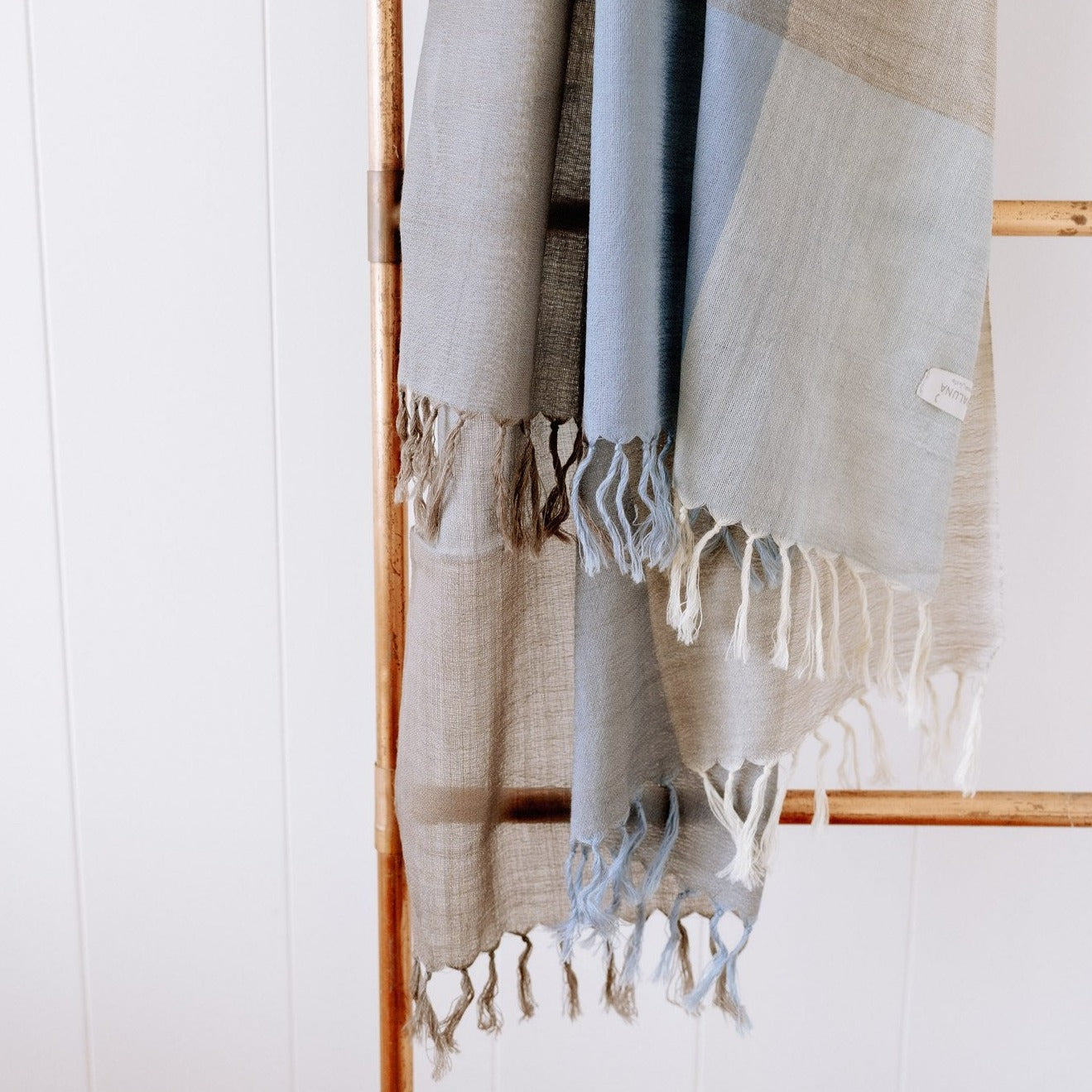 Fine Wool Scarf in Taupe, Cream and Skye Blue