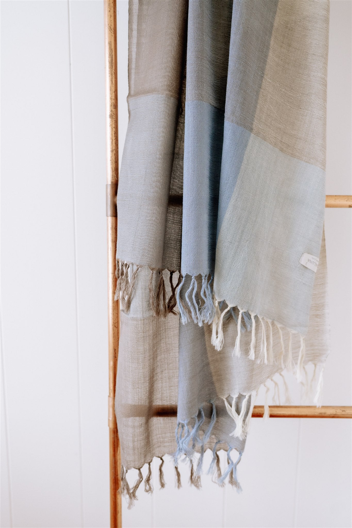 Fine Wool Scarf in Taupe, Cream and Skye Blue
