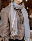 Fine Wool Scarf in Taupe, Cream and Skye Blue