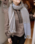 Fine Wool Scarf in Taupe, Cream and Skye Blue