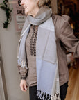 Fine Wool Scarf in Taupe, Cream and Skye Blue