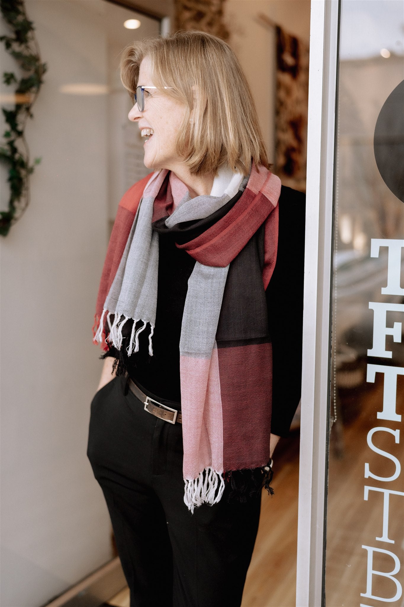 Fine Wool Scarf in Red and Charcoal