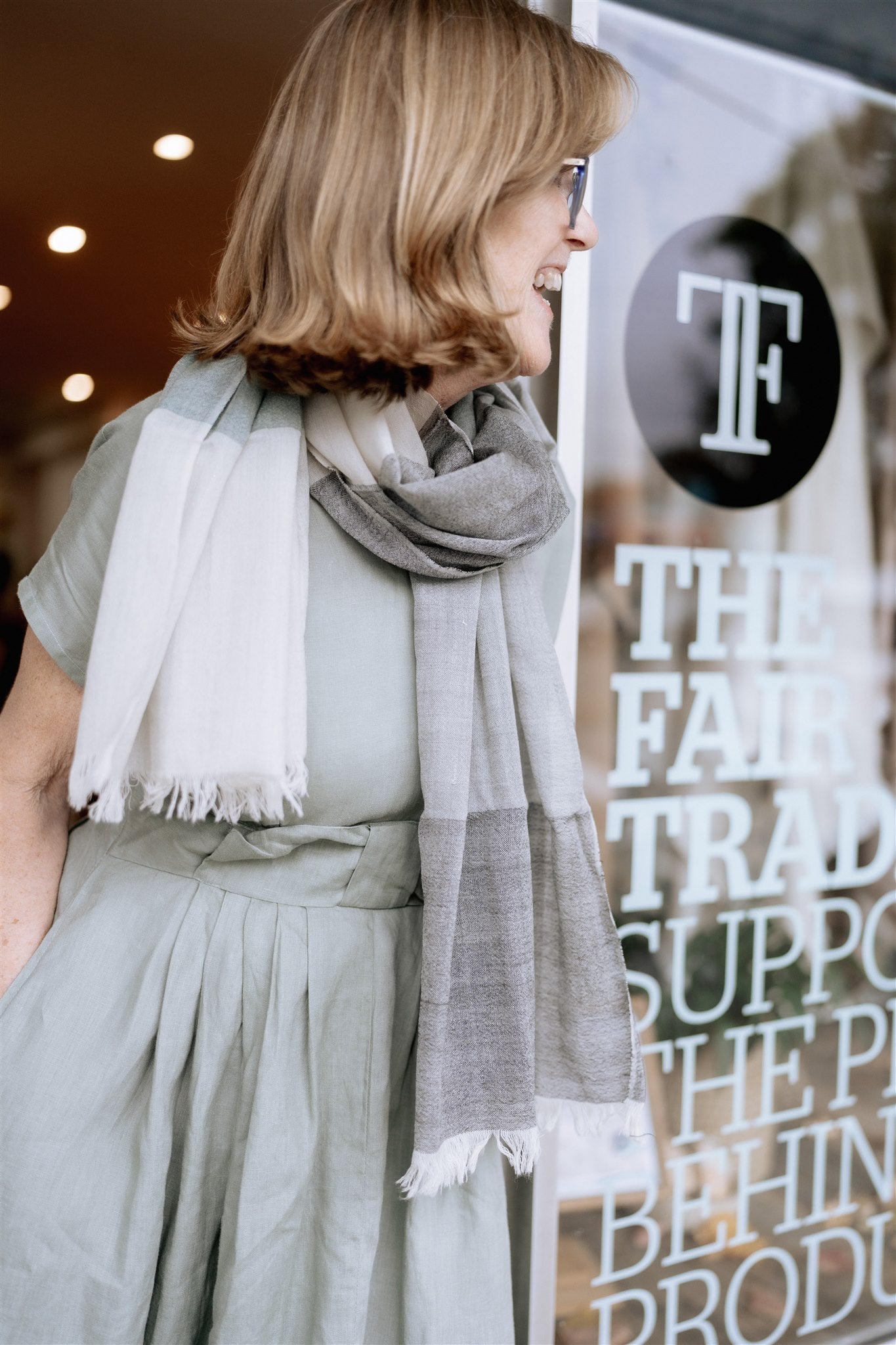 Fine Wool Scarf in Sage/Charcoal/ Cream