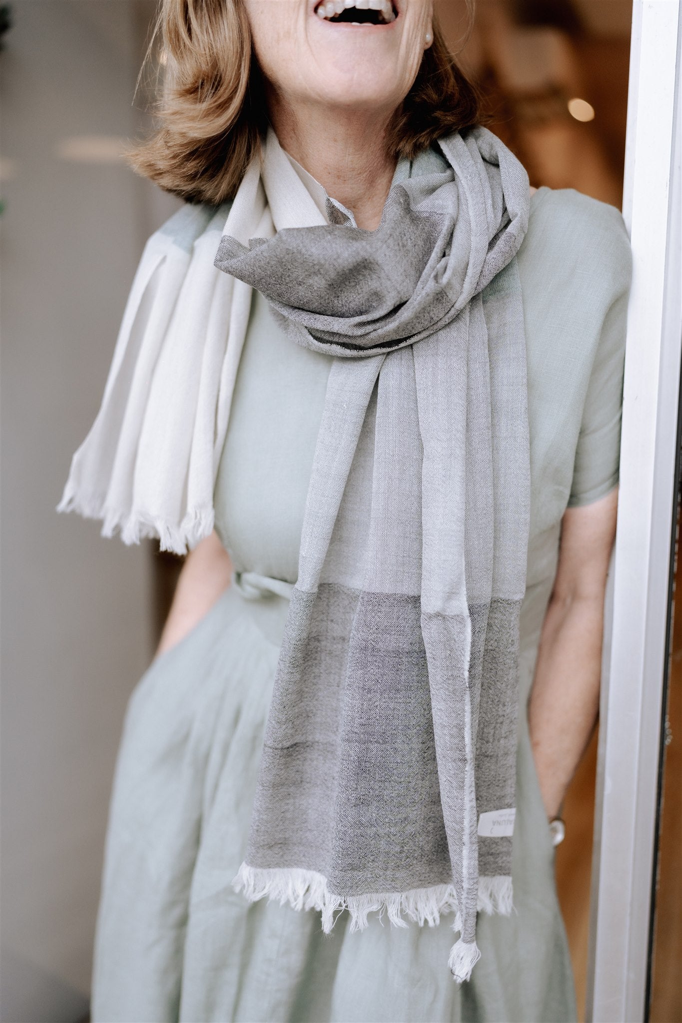 Fine Wool Scarf in Sage/Charcoal/ Cream