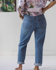Organic cotton washed denim jeans - back angle with two back pockets