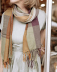 Fine Wool Scarf in Sage, Turmeric and Eggplant