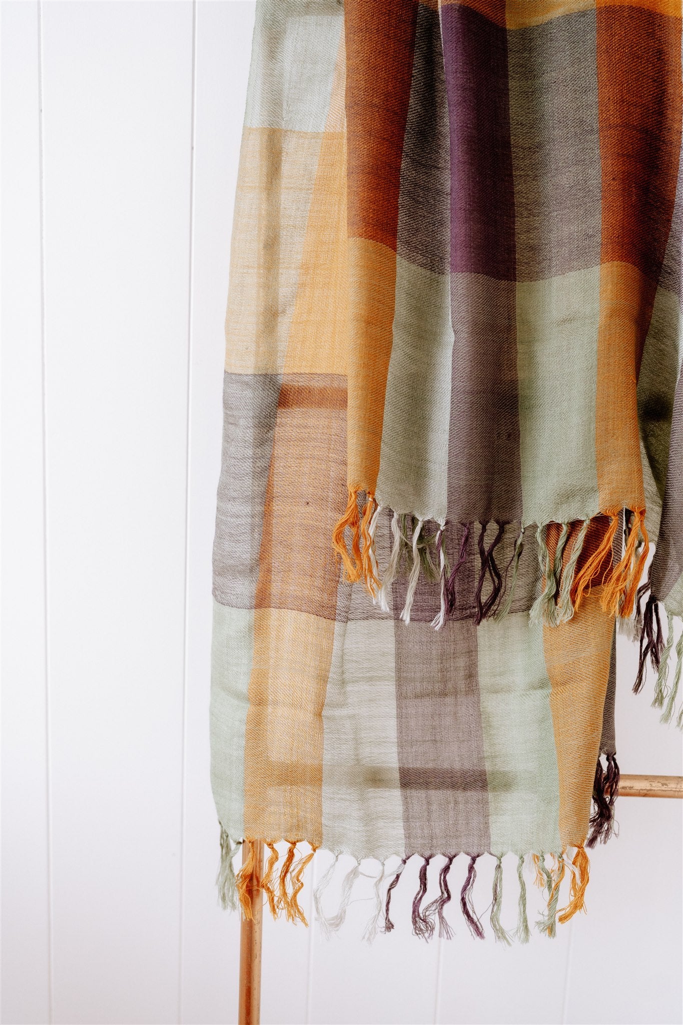 Fine Wool Scarf in Sage, Turmeric and Eggplant