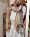 Fine Wool Scarf in Sage, Turmeric and Eggplant