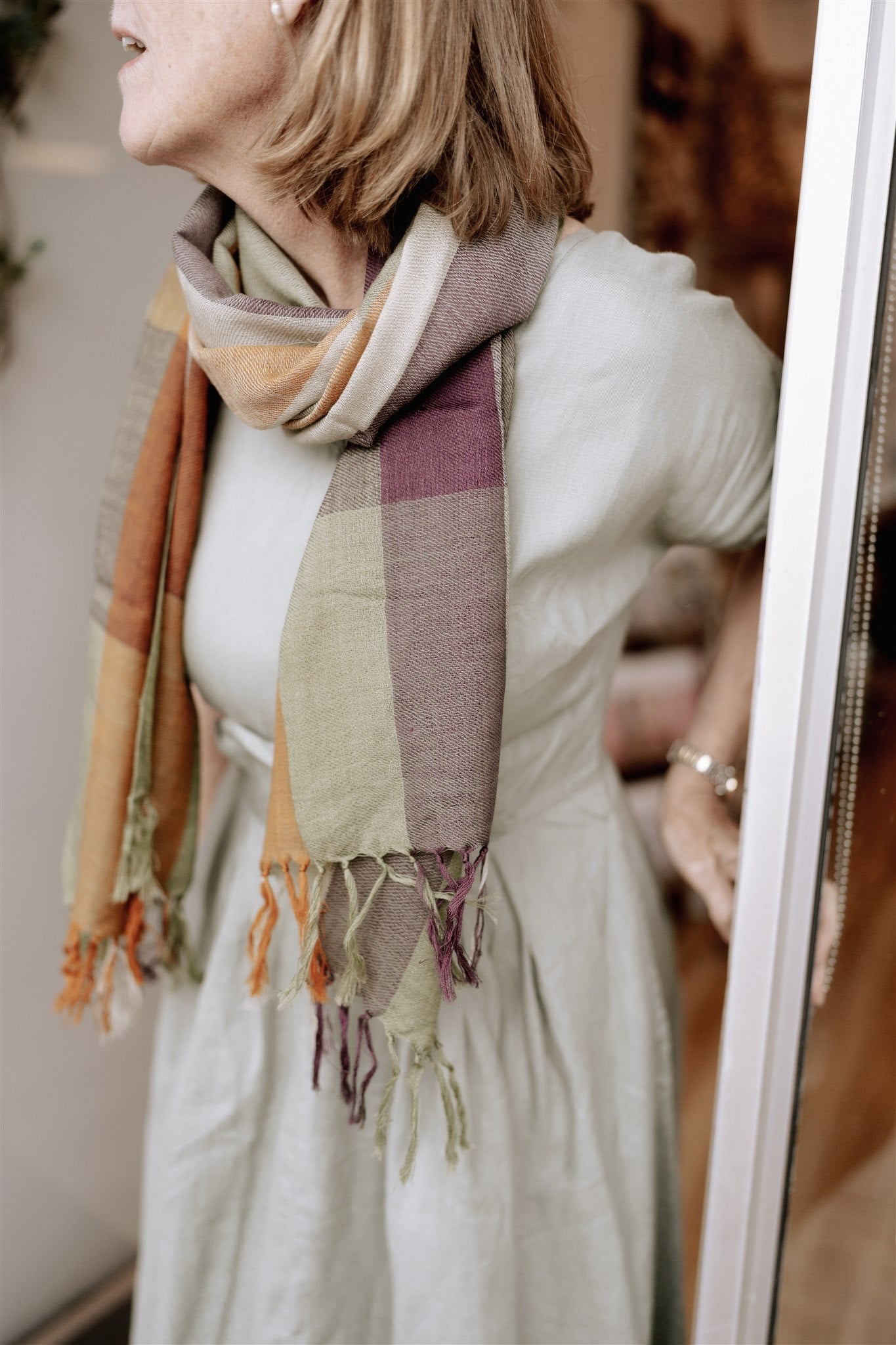 Fine Wool Scarf in Sage, Turmeric and Eggplant