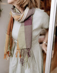 Fine Wool Scarf in Sage, Turmeric and Eggplant