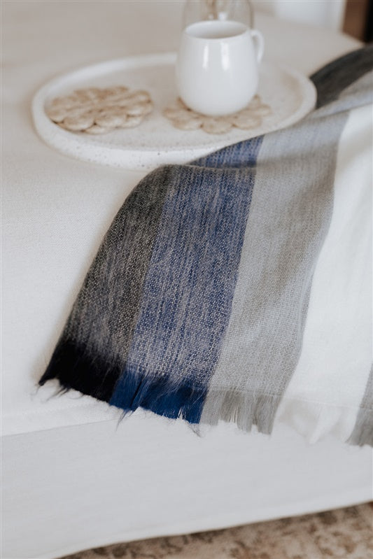 Alpaca Wool Classic Scarf - Blue/Grey/White Stripe