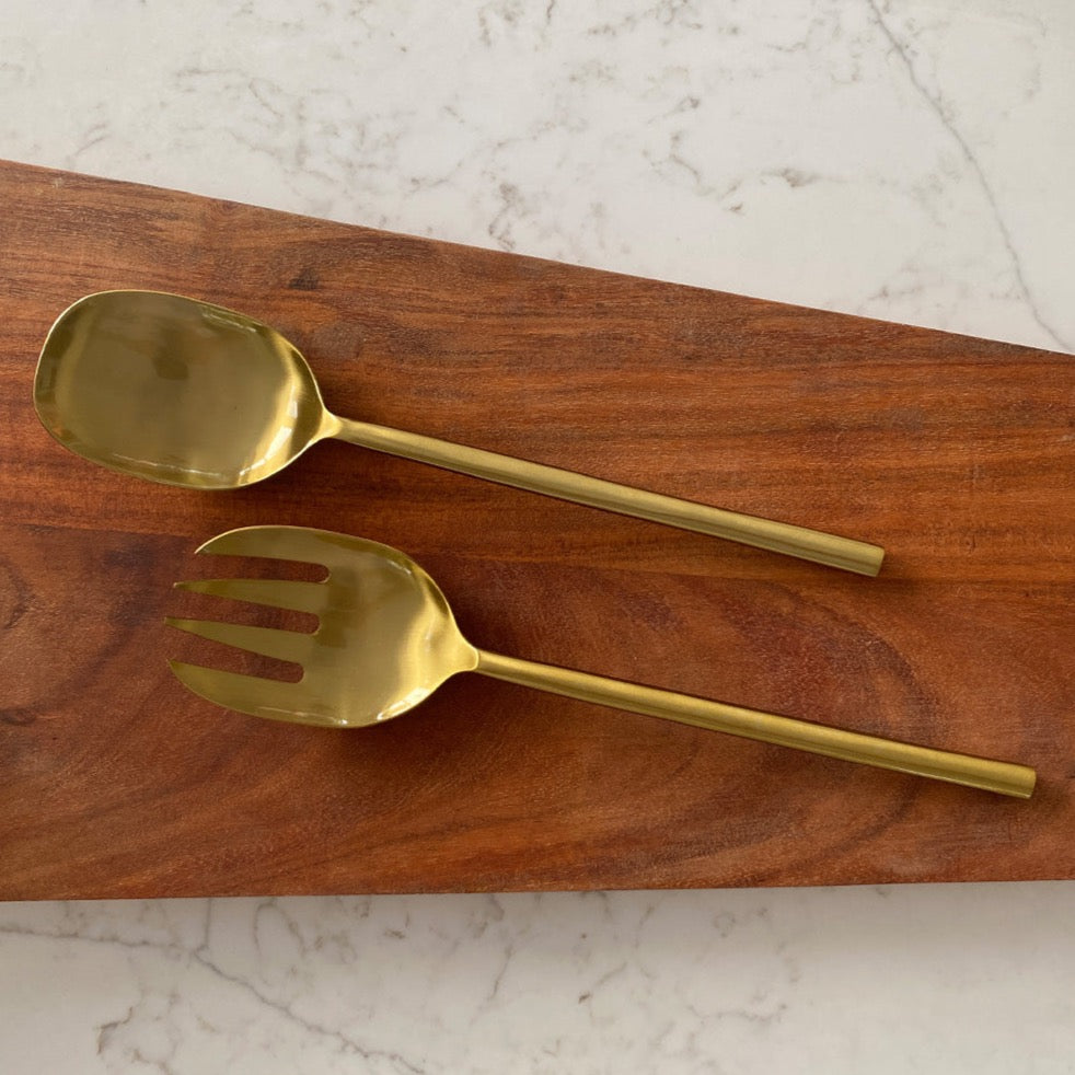 Brushed Brass Salad Servers - Fork and Spoon Set
