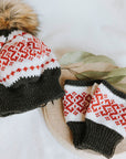 Children's Mittens and Beanie Set - Grey, Red and White