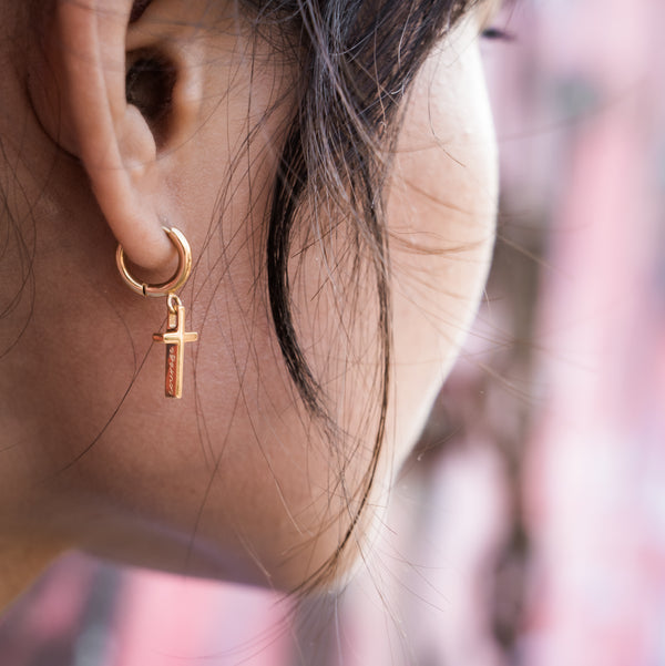 9ct Yellow Gold Cross Hoop Mens Single Earring | Jewellerybox.co.uk
