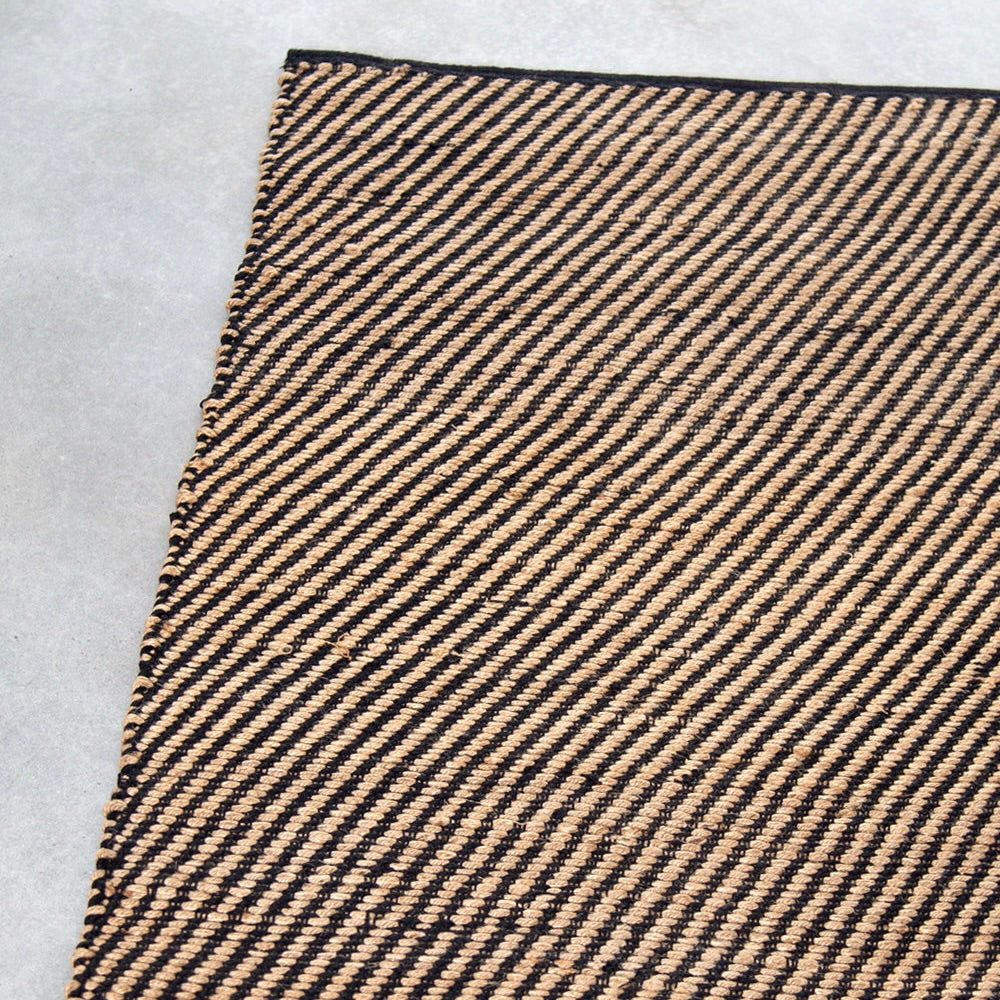 Jute and Cotton Rug - Natural &amp; Black, Diagonal Stripe 60 x 90cm